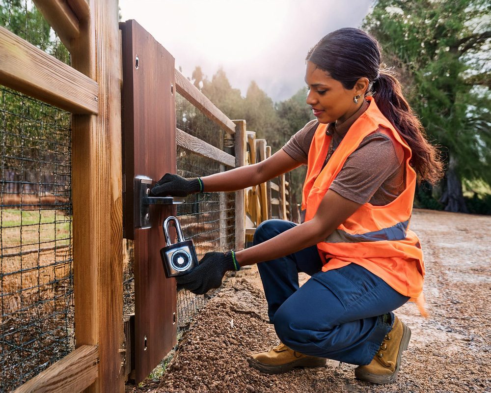 a worker securing a gate in the property preservation efforts