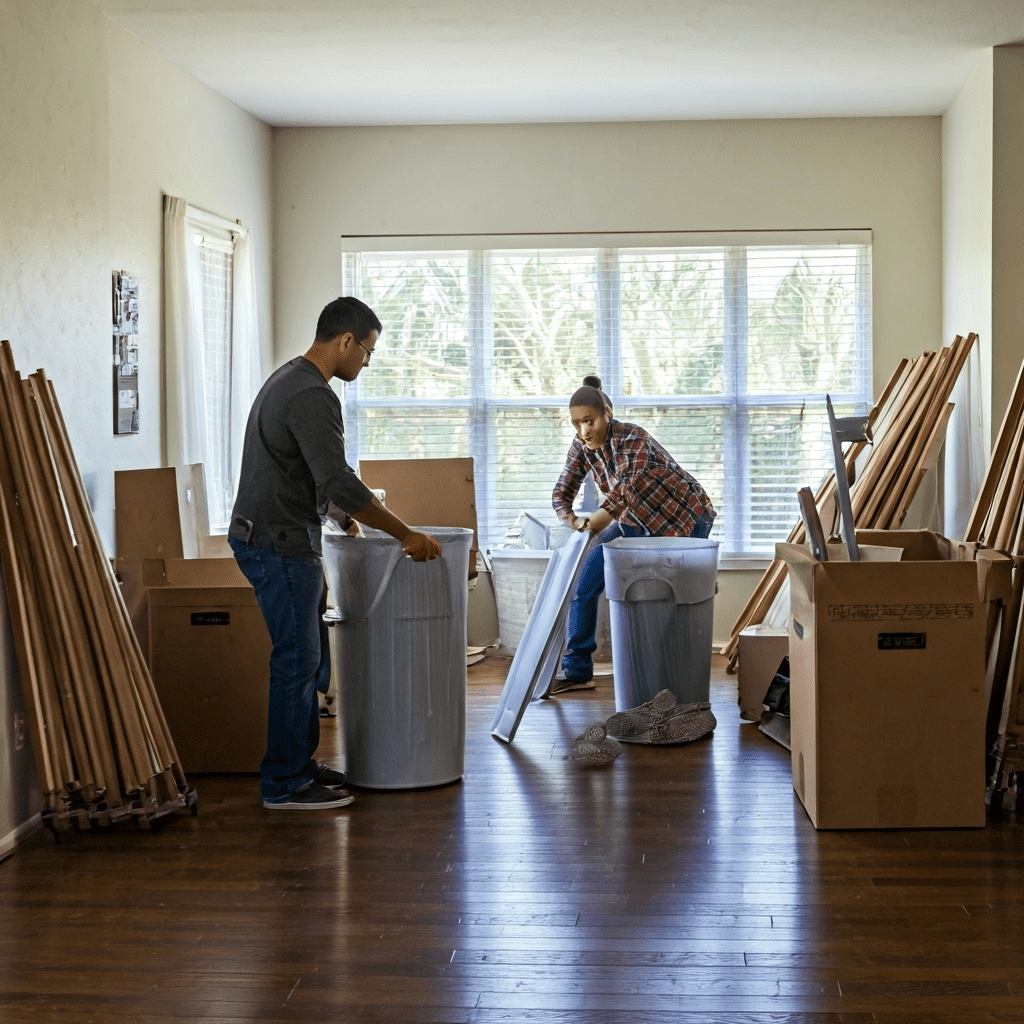 workers clearing cluttered room