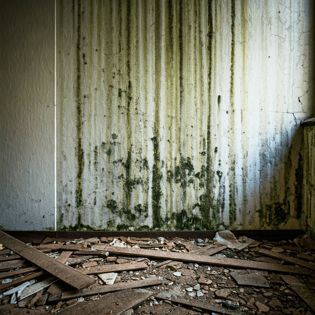 Moldy wall and scattered debris