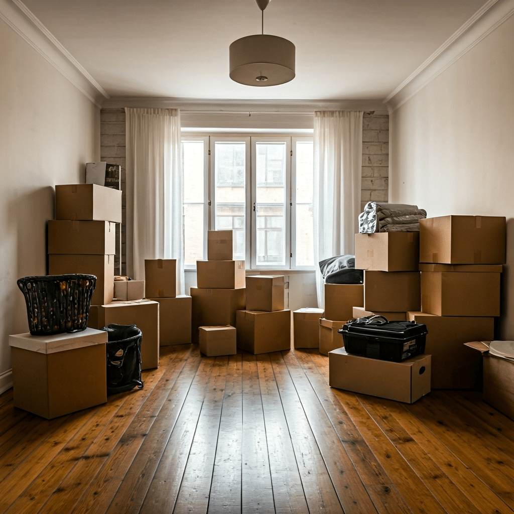 Cluttered living room overflowing items